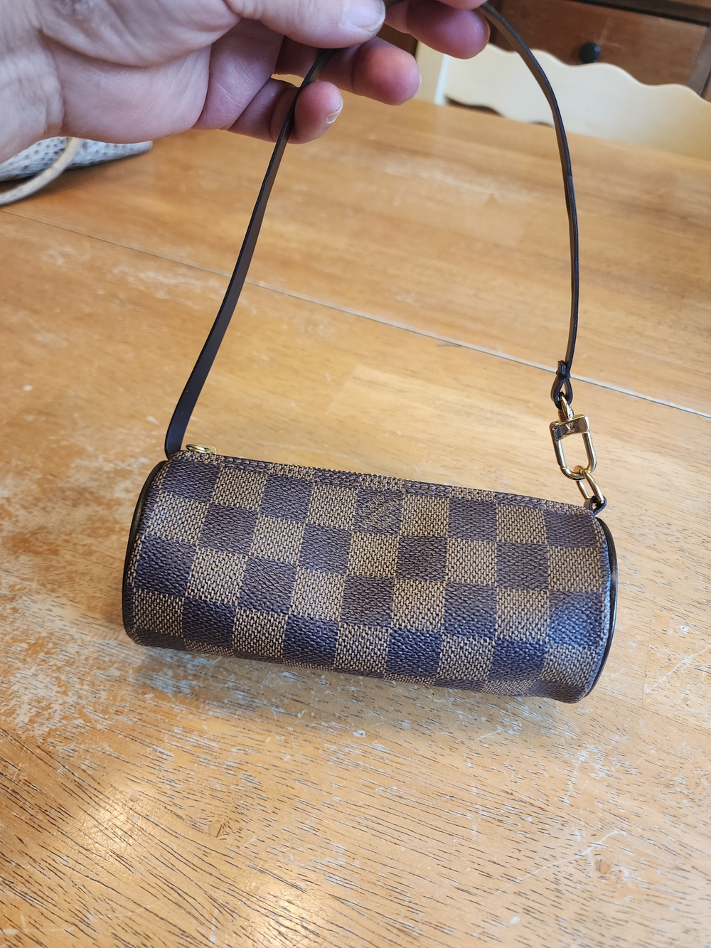 Louis Vuitton Damier Ebene Papillon pouch, a cylindrical handbag Gold Hardware